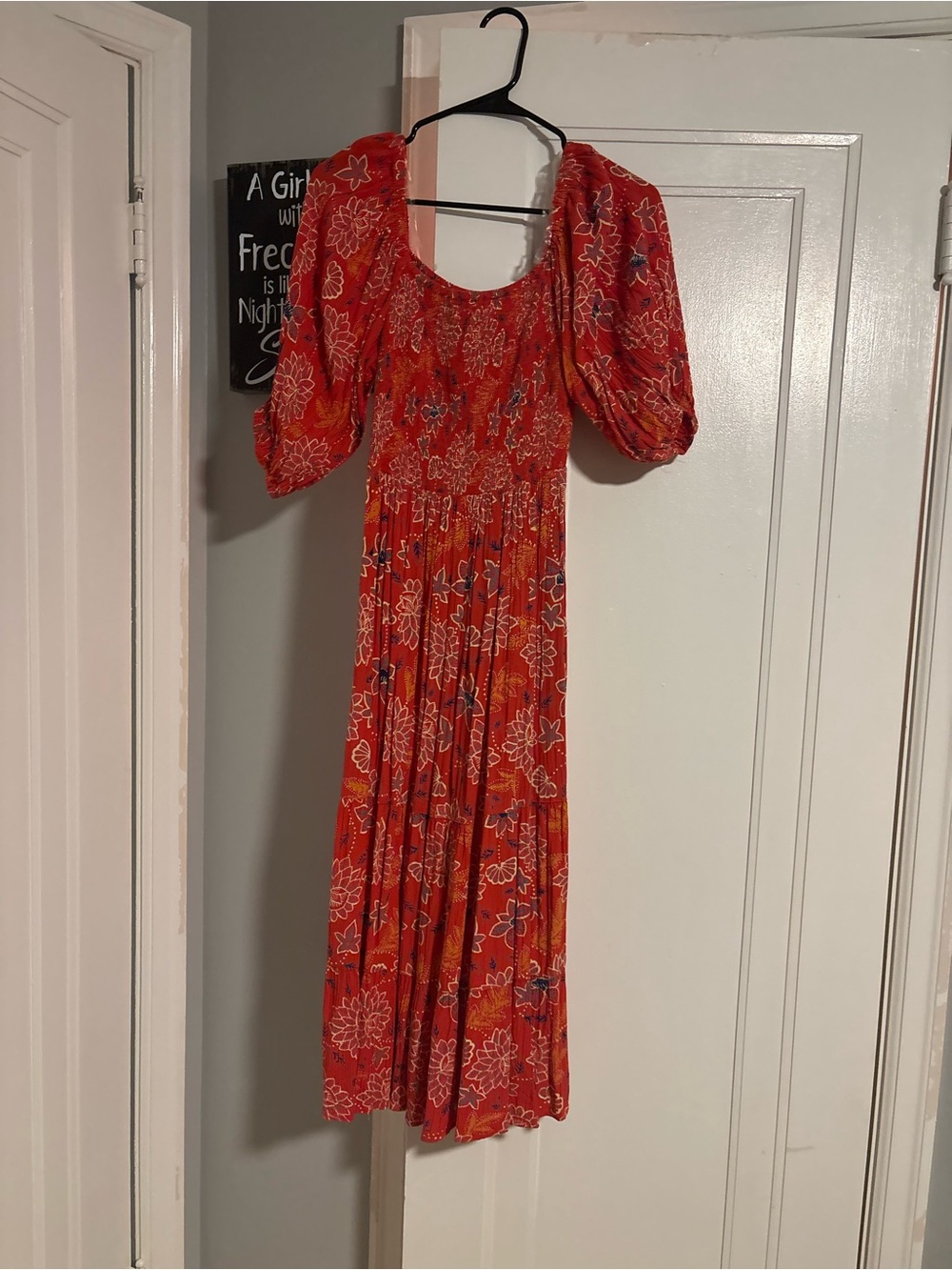 Angie Red Floral Smocked Midi Dress with Puff Sleeves